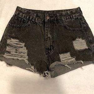 High Waist Dark Wash/Black Denim Destructed Shorts